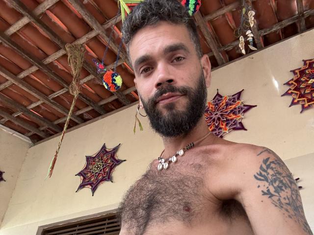 HairyBreeder, shirtless with a hairy chest, bearded, wearing a colorful necklace and earrings, has tattoos on his right arm, and a confident, slightly smug expression, under a wooden ceiling.