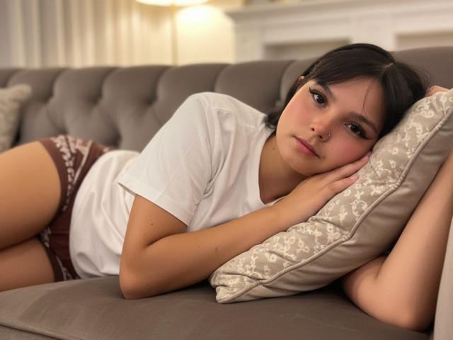 AbbyStanley with short black hair, lying on a gray couch, wearing a white tee and brown panties, resting her head on a patterned pillow, looking at the camera.