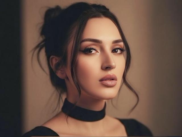 A photo of Lessiya with dark hair in a messy bun, wearing a black choker, has soft brown eyes, full pink lips, and a light, flawless complexion.