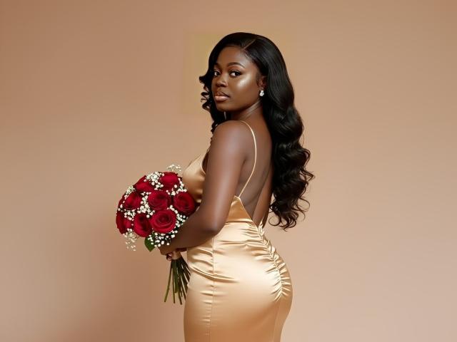AfriQueen69 in a shiny, gold, backless dress holding a red and white bouquet, looking over her shoulder with long, wavy black hair and a confident, sexy expression.