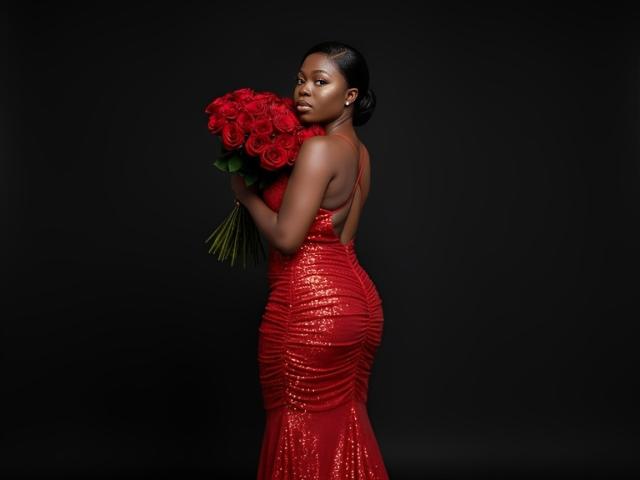 AfriQueen69 with dark skin, wearing a shiny red dress, holding a bouquet of red roses, looking over her shoulder, standing against a black background.