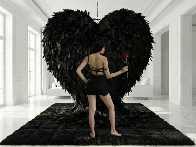 HannaMitsury with black feathered heart wings, holding a red rose, wearing a black strappy dress, standing barefoot on a black fur rug, in a bright white room.