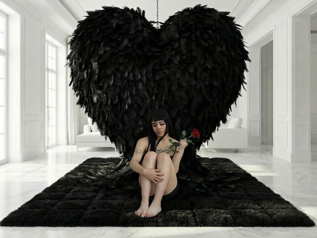 HannaMitsury, nude, sitting with knees up, black feathers forming huge heart behind, holding red rose, black bob haircut, white room, marble floor, soft light, sad expression.