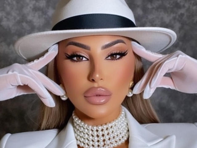 MelisaLauren with glossy lips, wearing a white hat, pink gloves, pearl necklace, and earrings, touching her ears, looking serious, with dark eyebrows and long eyelashes.