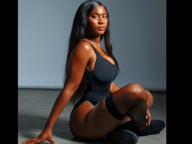 MollyGoldenn with dark skin, long black hair, wearing a black one-piece, sitting on the floor, showing her ass, thighs, and black socks, looking at the camera.