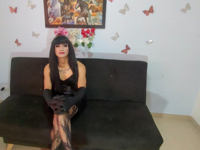 Sofia69xx with long black hair, black dress, black gloves, and lace stockings, sitting on a black sofa, showing her black lace-patterned panties, and her small, bare ass.