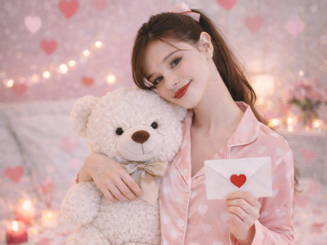 SweetNalya with brown hair in pinks, hugging a white teddy bear, wearing a pink heart shirt, holding a white envelope with a red heart, smiling.