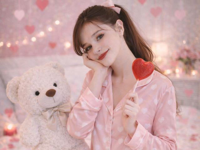 SweetNalya with pouty lips, pink heart-patterned pajamas, holding a red heart lollipop, brown ponytail, white teddy bear with beige bow, bedroom with pink hearts.