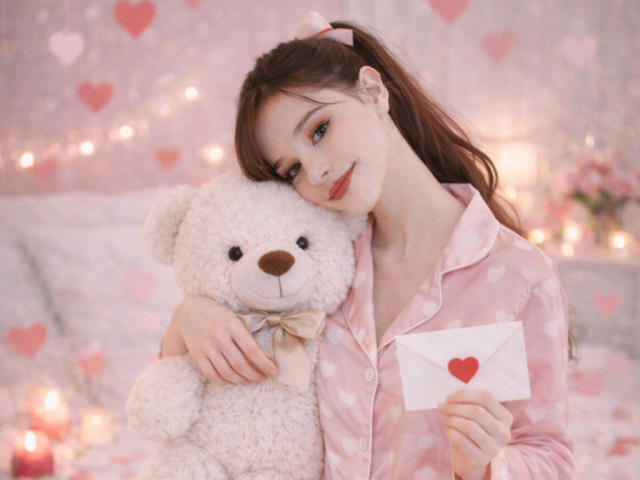 SweetNalya with brown ponytail, pink heart pajamas, holding white teddy bear and letter with red heart, softly smiling, gently resting head on teddy's. Background has candles and hearts.