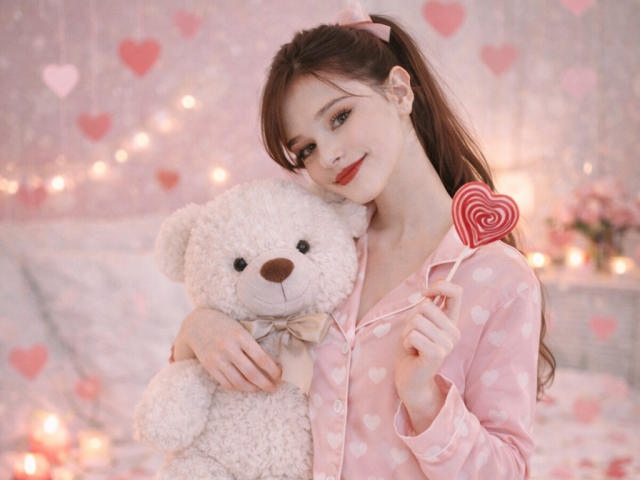 SweetNalya with brown ponytail, pink heart pajamas, holding white teddy bear and pink heart lollipop, smiling at camera, cute, soft lighting, pink heart decorations in background.