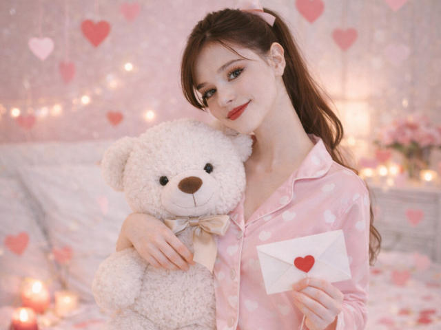 SweetNalya with puffy tits, brown hair in ponytail, pink polka dot pajamas, hugging white teddy bear, holding envelope with red heart, soft smile, pink heart decorations.
