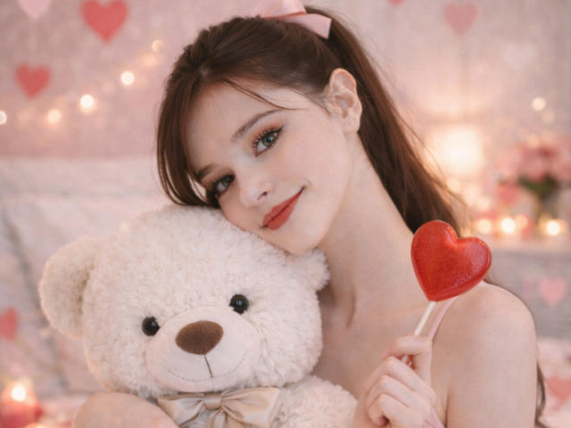 SweetNalya with puffy tits, holding red heart lollipop, hugging fluffy white teddy bear, wearing pink hair bow, smiling softly, brown eyes, red lipstick, bedroom setting, warm lights.