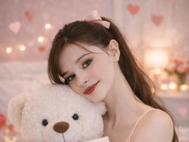 SweetNalya with pouty red lips, brown ponytail, pink bow, hugging a fluffy white teddy bear, blue eyes, soft smile, in a cozy, warm-lit room.