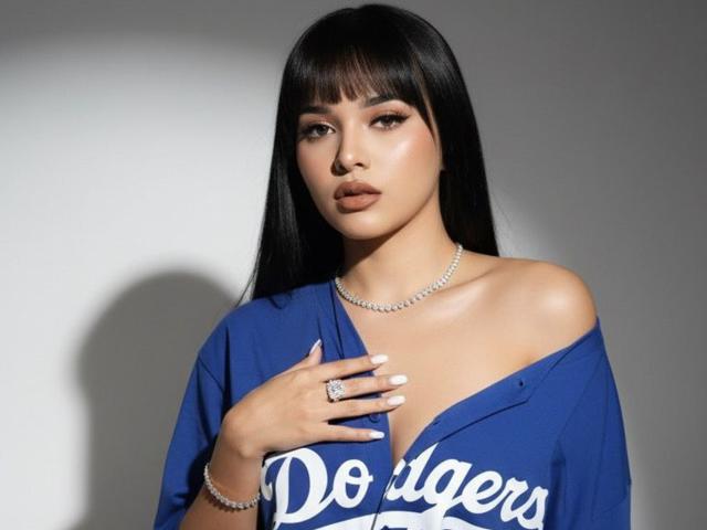 LunaAndKlaus with long black hair, bangs, blue off-shoulder shirt, diamond necklace, and ring, holding shirt over tits, looking at camera with sultry expression.