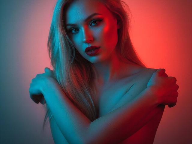 JaneOSweetAh with long blonde hair, crossed arms, blue and red lighting, wearing dark red lipstick, topless, looking directly at camera with a serious expression.