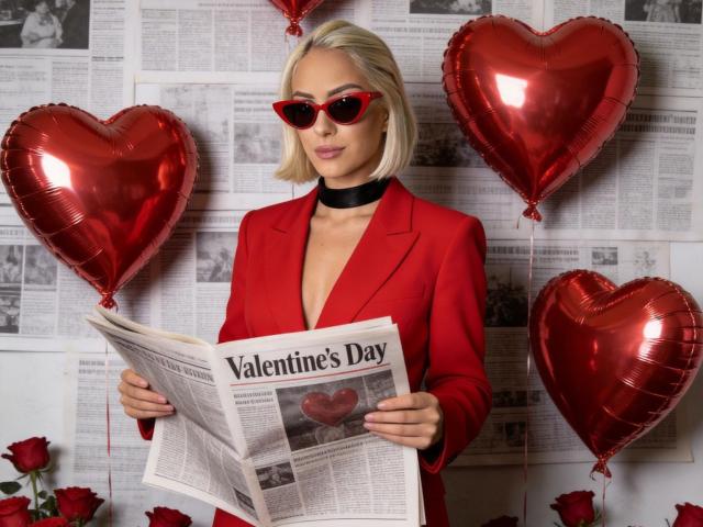 LanieHotXX stands center, holding a newspaper with "Valentine's Day" on the cover. She's wearing a red blazer with a deep V-neck, red heart-shaped sunglasses, and a black choker. Her blonde bob haircut is sleek. She's flanked by three shiny red heart balloons. The background is filled with newspaper clippings. Red roses are at the bottom. The overall style is modern, with a focus on Valentine's Day themes and bold colors.