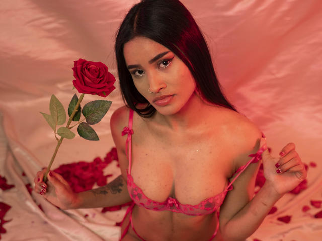 KarolPalacios with long black hair, pink lingerie, holding a red rose, exposing small, shiny, glistening tits, and a tattoo on her right arm, against a pink, silky background.