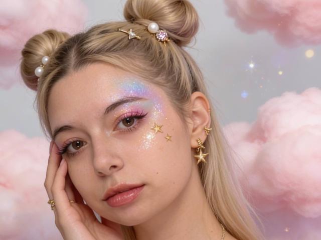 Reginia with blonde double buns, glittery star makeup, pink and purple eyeshadow, gold star earrings, and pearl hairpins, looking cute and slightly bored. Soft pink clouds in background.