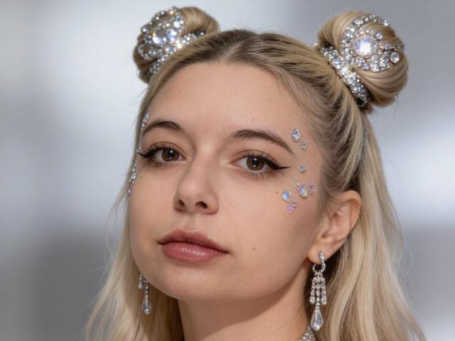 Reginia has blonde hair in double buns, adorned with jeweled ornaments. She's wearing sparkling earrings and has gems on her cheeks and eyeliner. Her lips are slightly pink.