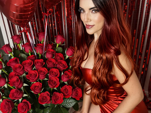 ZoeeMar with long, red, wavy hair, wearing a shiny red dress, sitting next to a bunch of red roses and red balloons, showing her tits and a cute smile.