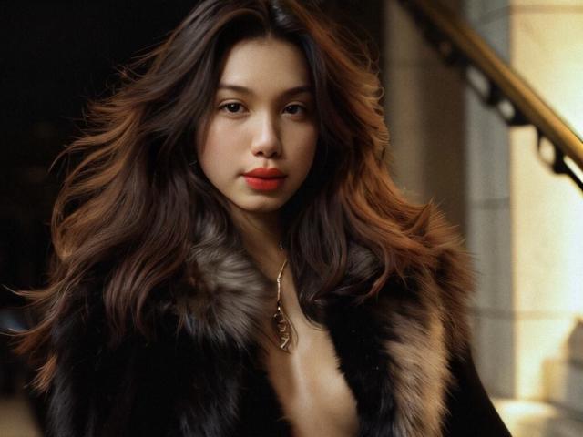 TsLucyPearl with wavy brown hair, red lips, wearing a black fur coat with gray fur trim, gold necklace, looking serious, her tits slightly visible, in a dimly lit setting.