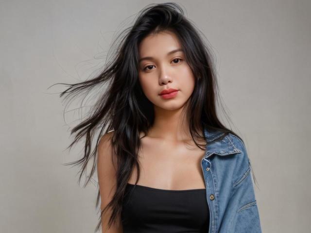TsLucyPearl with long black hair, denim jacket, and black tank top, showing off her tits, has a neutral expression and slightly messy hair, against a plain gray background.