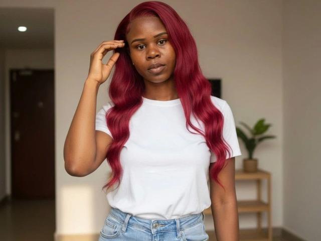 EbonyStar-hot with red wavy hair, white tee, and blue jeans, standing, hand in hair, looking at camera, serious expression, small pout, visible nipples, cute, attractive.