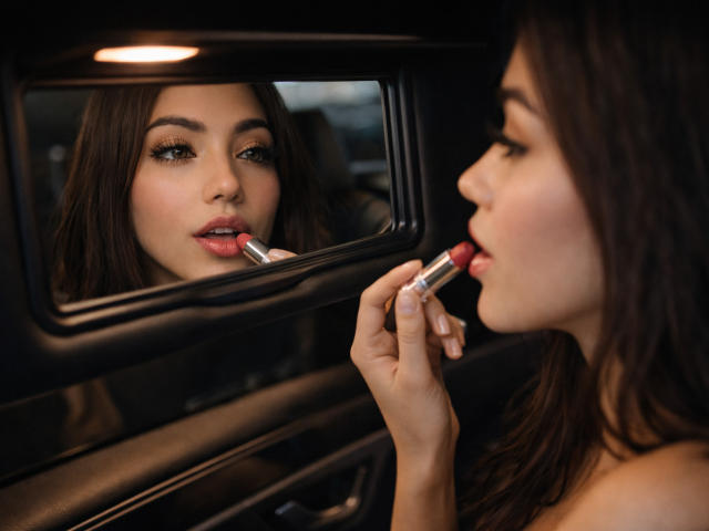 SofieWhite with brown hair, applying red lipstick in a car's rearview mirror. She's looking into the mirror, her reflection shows her slightly parted red lips.