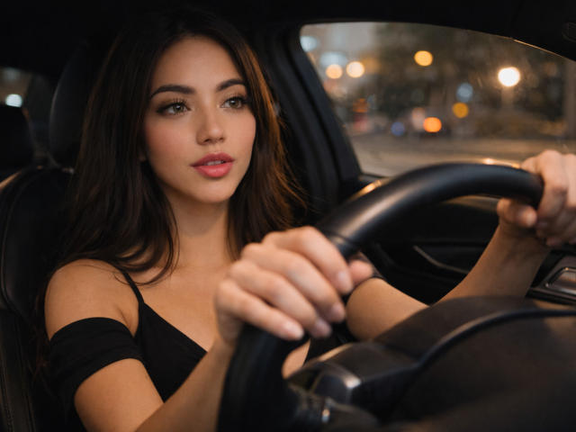 SofieWhite with dark brown hair, wearing a black off-shoulder top, driving a car, hands on the steering wheel, looking slightly to the side with a subtle smile.