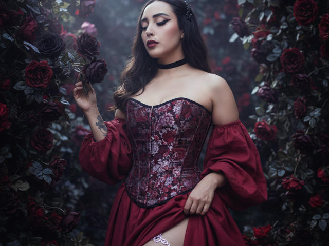 AmberGoddesss with dark hair, red rose, black choker, floral corset, puffy sleeves, lifting dress, showing white garter, tattoo on hand, in rose-filled, dark, moody scene.