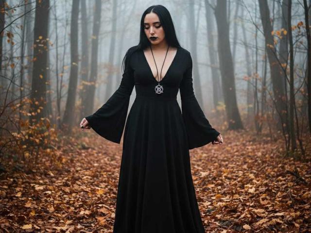AmberGoddesss stands in a foggy forest, wearing a long black dress with flared sleeves and a deep V-neck, exposing a pentagram necklace. She has long black hair, dark lipstick, and a serious expression. The forest is covered in brown autumn leaves, with tall, bare trees in the background. The composition emphasizes AmberGoddesss' central position and her dark, gothic attire contrasts with the muted, misty forest. The overall style is dark and atmospheric.