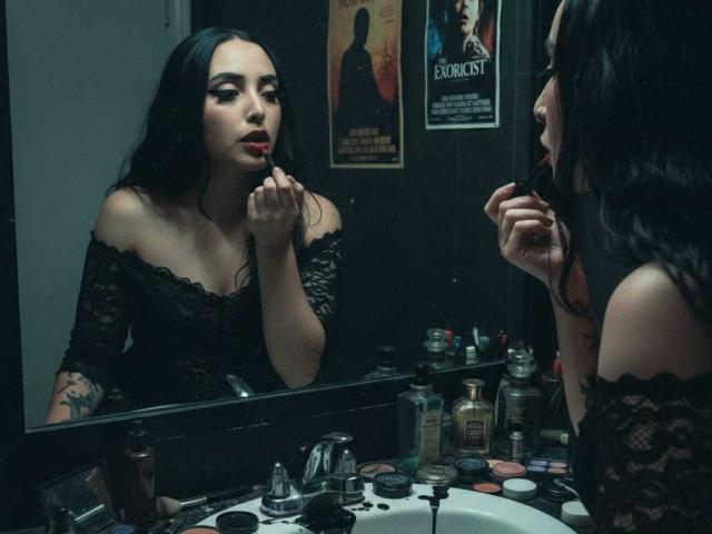 AmberGoddesss with long black hair applies red lipstick in a dimly lit bathroom. She wears a black lace off-shoulder top. Her reflection in the mirror shows her focused expression. The sink is cluttered with makeup, bottles, and a can. Two posters, one of a woman with dark hair and another with "Bouquet" text, are on the wall. Her tattoo is visible on her right arm. The image has a dark, moody tone.