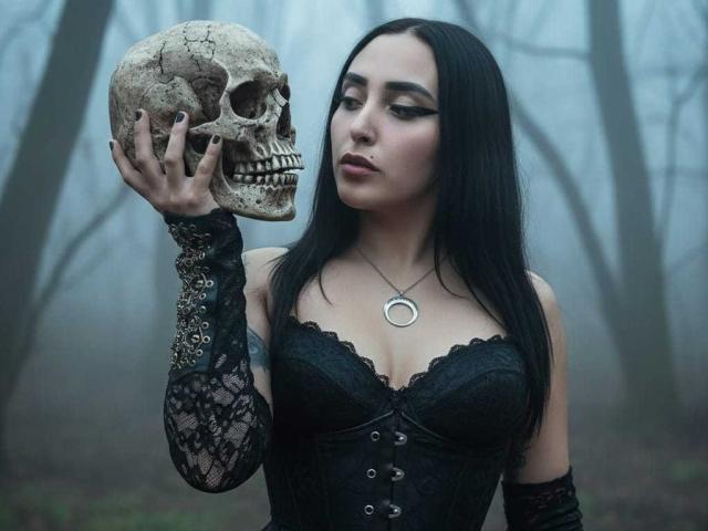 AmberGoddesss holds a skull with her black-laced arm, wearing a corset, and a silver necklace, in a foggy forest. Her tits are medium, and she's looking down.