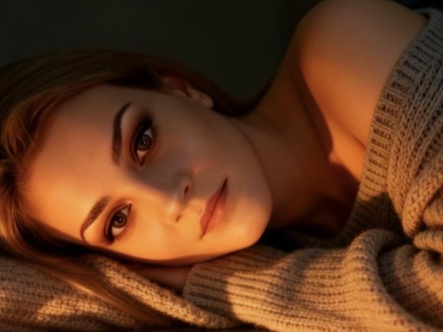Close-up of SarahFontain lying down, face partially in shadow with warm light highlighting her forehead and eyes. She has light brown hair, brown eyes, and is wearing a beige knitted sweater that's slightly off her shoulder. Her expression is neutral, with slightly parted lips. The texture of the sweater is visible, with soft, ribbed patterns. The warm light creates a soft glow on her face and adds depth to the shadows. The composition focuses on her face and upper chest.