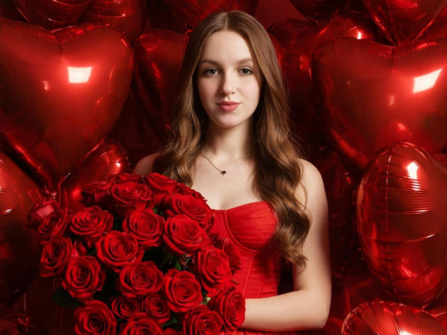 Nesie with red roses, wearing a red corset, holding a bouquet, surrounded by shiny red heart balloons, has long brown hair and a subtle smile, looking cute.