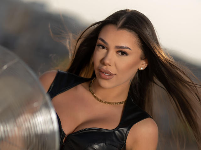 NatashaDavie has long brown hair, slightly windswept, wearing a black leather top with a zipper. She has a medium skin tone, full lips with glossy pink lipstick, and is looking directly at the camera. She wears a gold chain necklace and small stud earrings. The image is sharp with a slight blur in the foreground, focusing on her face and upper body. Her expression is neutral. The lighting is soft, highlighting her features.
