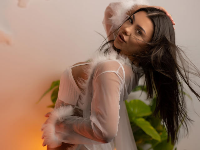 NatashaDavie stands in a softly lit room, facing the camera with a slight, seductive smile. She has long, dark brown hair, partially covering her face. She wears a sheer, white, feathery robe, exposing her small to medium-sized breasts with visible nipples. Her right hand is raised, fingers running through her hair. The robe has fluffy white accents on the sleeves and collar. A green plant is partially visible on the right. The image has a warm, orange-tinted light in the background. Her expression is confident, with a hint of playfulness.