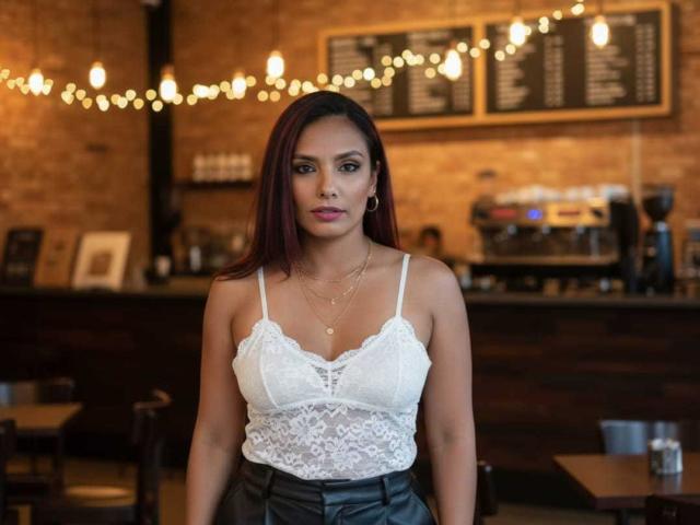 RoxaneMoore with red hair, wearing a white lace top that shows her small tits and a black leather skirt, standing in a cafe with string lights.