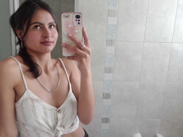 LillyBonnet with medium tits, wearing a white tied-up crop top, holding a phone in a mirror selfie, has brown hair in a ponytail, and a silver necklace.