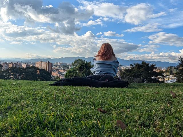 DanaStone, with red hair, sits on grass, back to camera, wearing a blue off-shoulder top, black pants, and a black jacket, looking at a city and mountain skyline.