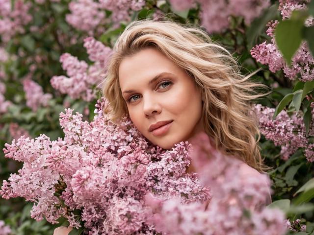 AgathaKlouin with wavy blonde hair, blue eyes, and pink lilacs in her face, smiling softly, tits barely visible through the flowers, green leaves in the background.