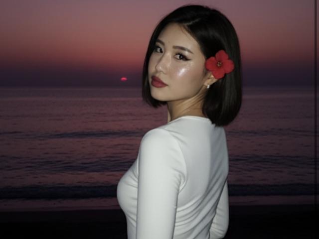 MantyStyle, a young Asian woman with a sleek black bob, stands with her back to the camera, looking over her shoulder. She has a red flower in her hair and wears a white long-sleeve top. Her makeup is bold with red lipstick. The sunset behind her casts a pinkish-purple hue over the calm ocean. Her skin is smooth and she's slightly turned, highlighting her shoulder and upper back. The light is soft, emphasizing her features.