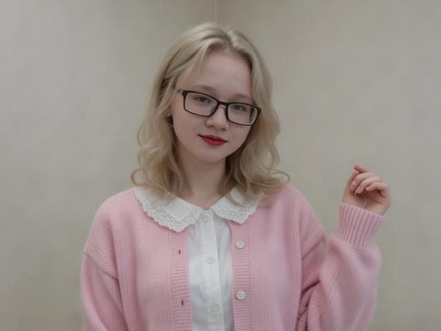 YelenaBissonette, loira, usando óculos, com um cardigã rosa com gola branca de renda, uma camisa branca e batom vermelho, com a mão direita levantada. Ela está sorrindo levemente..
