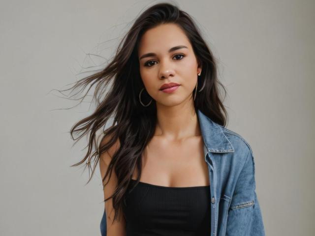 NeztyOne hat langes, welliges, schwarzes Haar und trägt eine blaue Jeansjacke über einem schwarzen Top, wodurch ihre kleinen, wohlgeformten Brüste sichtbar sind. Ihr Gesichtsausdruck ist ruhig und selbstbewusst..