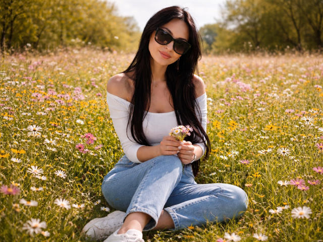 Coryna, con lunghi capelli neri, indossa occhiali da sole, una maglietta bianca a spalle scoperte, jeans blu e scarpe da ginnastica bianche, seduta in un campo di margherite, tenendo in mano un piccolo bouquet di fiori..