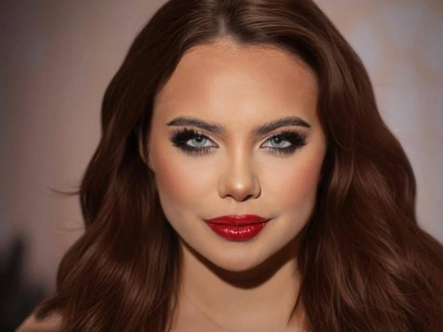 AshleeAngel has blue eyes, dark brown wavy hair, and red glossy lips. She's wearing heavy black eyeliner and has a flawless, slightly tanned complexion.