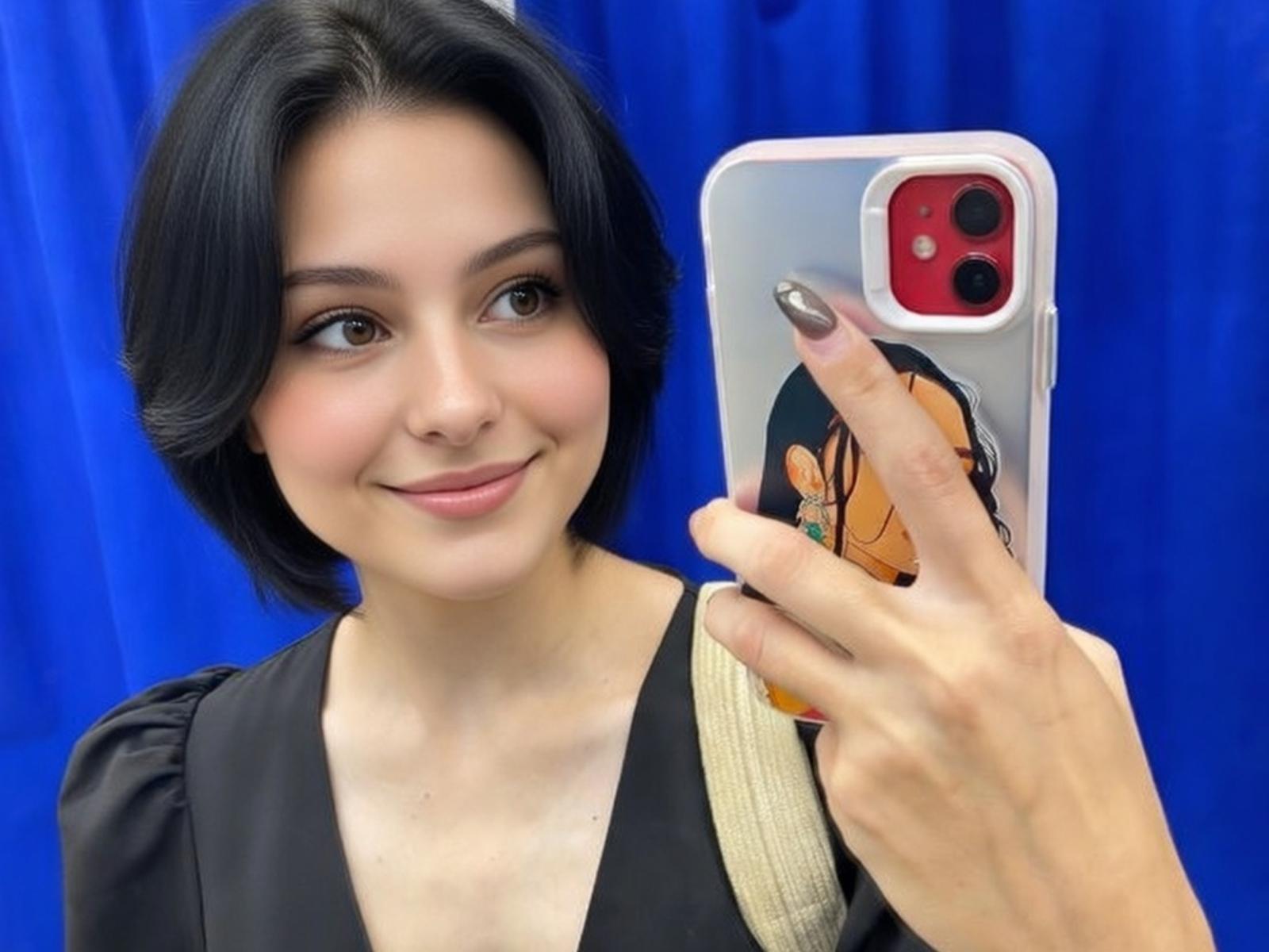 ClementinaHolzhauer with short black hair, smiling, holding a red iPhone with a cartoon case, wearing a black dress, blue background, taking a selfie, showing her nails.