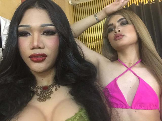 WildsCockTrans with black hair, red lipstick, and large tits wearing a green lace top, necklace, and WildsCockTrans with blonde hair, pink bikini, and small tits in the background.