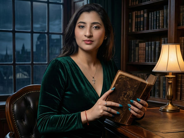 Zoe Hill, con cabello oscuro, vestido de terciopelo verde, collar con cruz, sosteniendo un libro antiguo, uñas azules, pulsera roja, sentada en una biblioteca, con una lámpara sobre una mesa de madera, y una ventana que muestra una noche nublada..