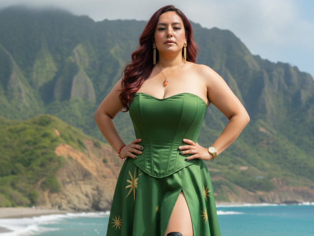 TerraMegaBoobs, una mujer curvilínea con grandes senos, se encuentra con confianza en un vestido verde sin tirantes con una abertura en la pierna, con las manos en las caderas, y un paisaje costero montañoso y el océano al fondo. Soleado, sexy, dominante..